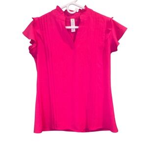 B Hot Pink Ruffle Cap Sleeve Pintuck Split Neck Blouse Top Womens Small